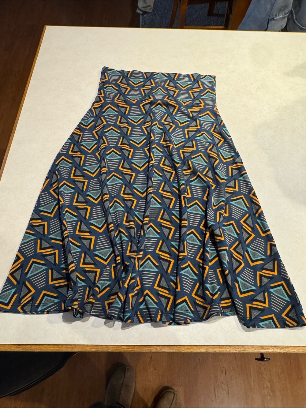 LuLaRoe A-Line Skirt in Teal, Mustard and Navy Geometric Print